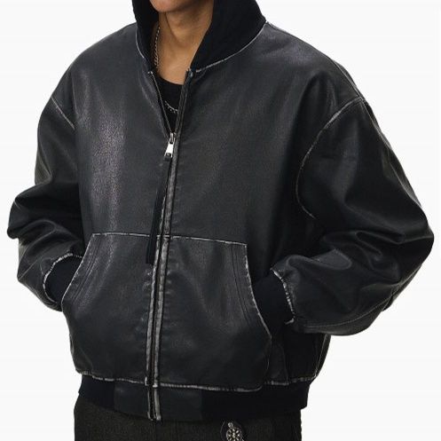 メンズ 黒 ファッション 合皮ジャケット フード付き秋冬アウター