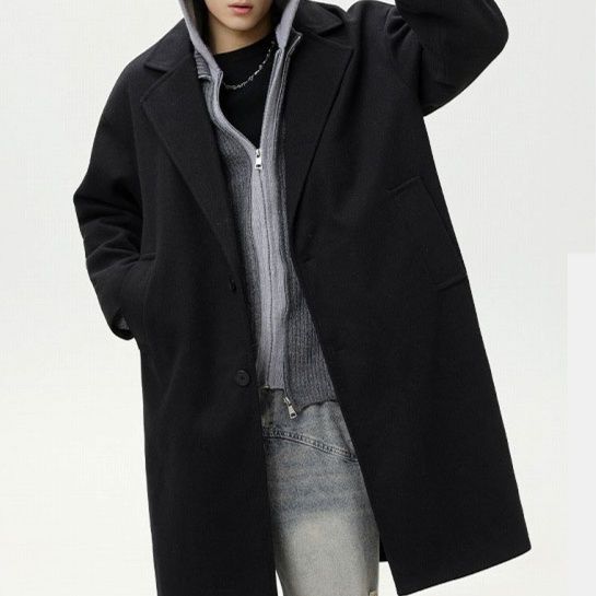 メンズ 黒 ファッション 秋冬 厚手ウールコート ロング丈 ゆったりコート ジャケット