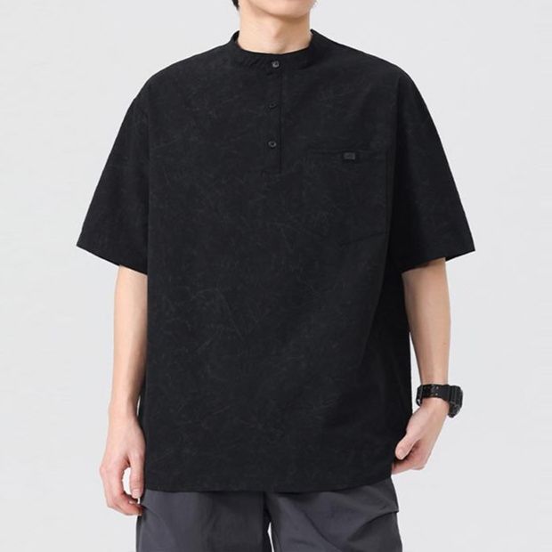 メンズ 黒 ファッション ヘンリーネック半袖シャツ カジュアル 通気性抜群 全三色