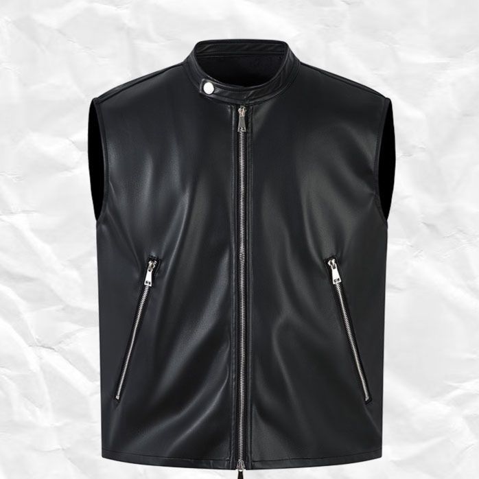 メンズ 黒 ファッション レザーベスト無地袖なしジップアップ ジャケット