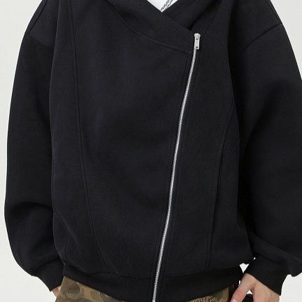 メンズ 黒 ファッション 秋冬新作 斜めジップ厚手フーディー ゆったりパーカー