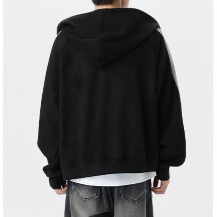 メンズ 黒 ファッション メンズ スエード ジップアップパーカー 配色切り替え カジュアルフーディ 