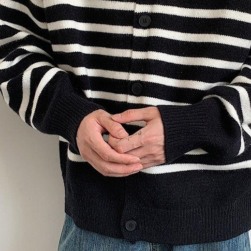 メンズ 黒 ファッション 黒×白ボーダー ニットカーディガン メンズ 秋冬