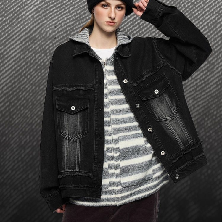メンズ 黒 ファッション 黒デニムジャケット男女兼用秋冬ストリート系アウター