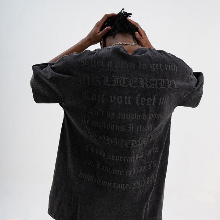 メンズ 黒 ファッション メンズ黒半袖シャツ　古着風文字プリント　街系春夏新作