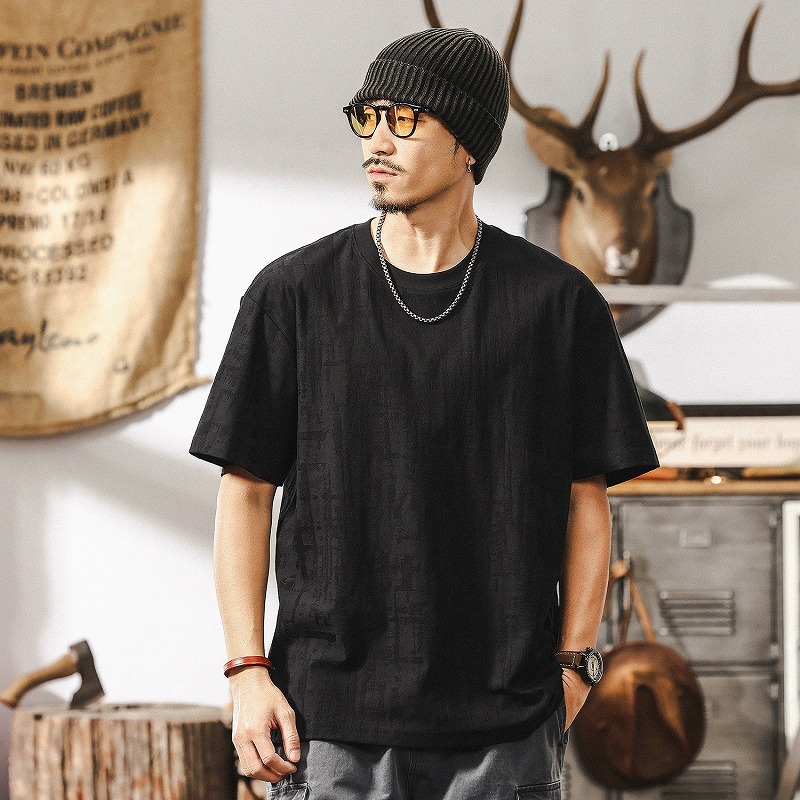 メンズ 黒 ファッション メンズ ヴィンテージ風ジャカード織半袖シャツ 黒 高級感カジュアル