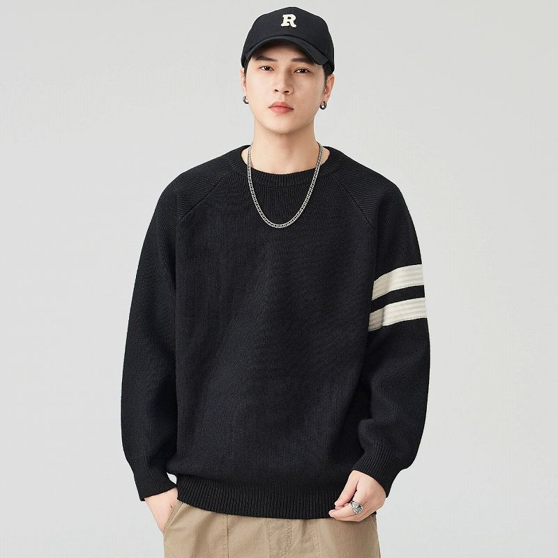 メンズ 黒 ファッション メンズ黒ニットセーター 袖ライン長袖トップス 秋冬新作