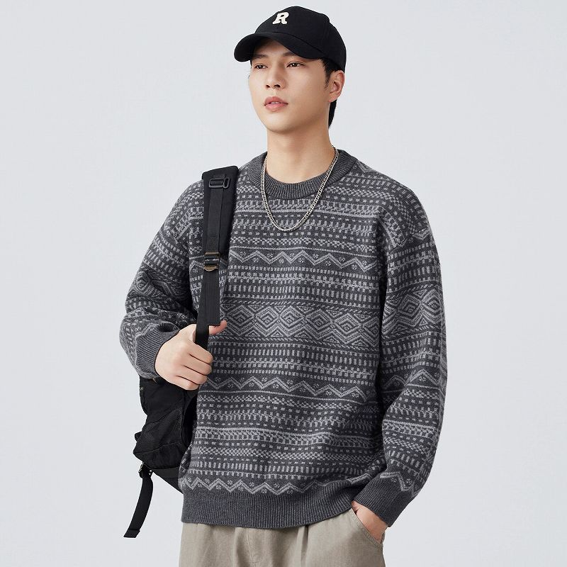 メンズ 黒 ファッション メンズ長袖ニットセーター 幾何学柄 黒グレー 秋冬新作