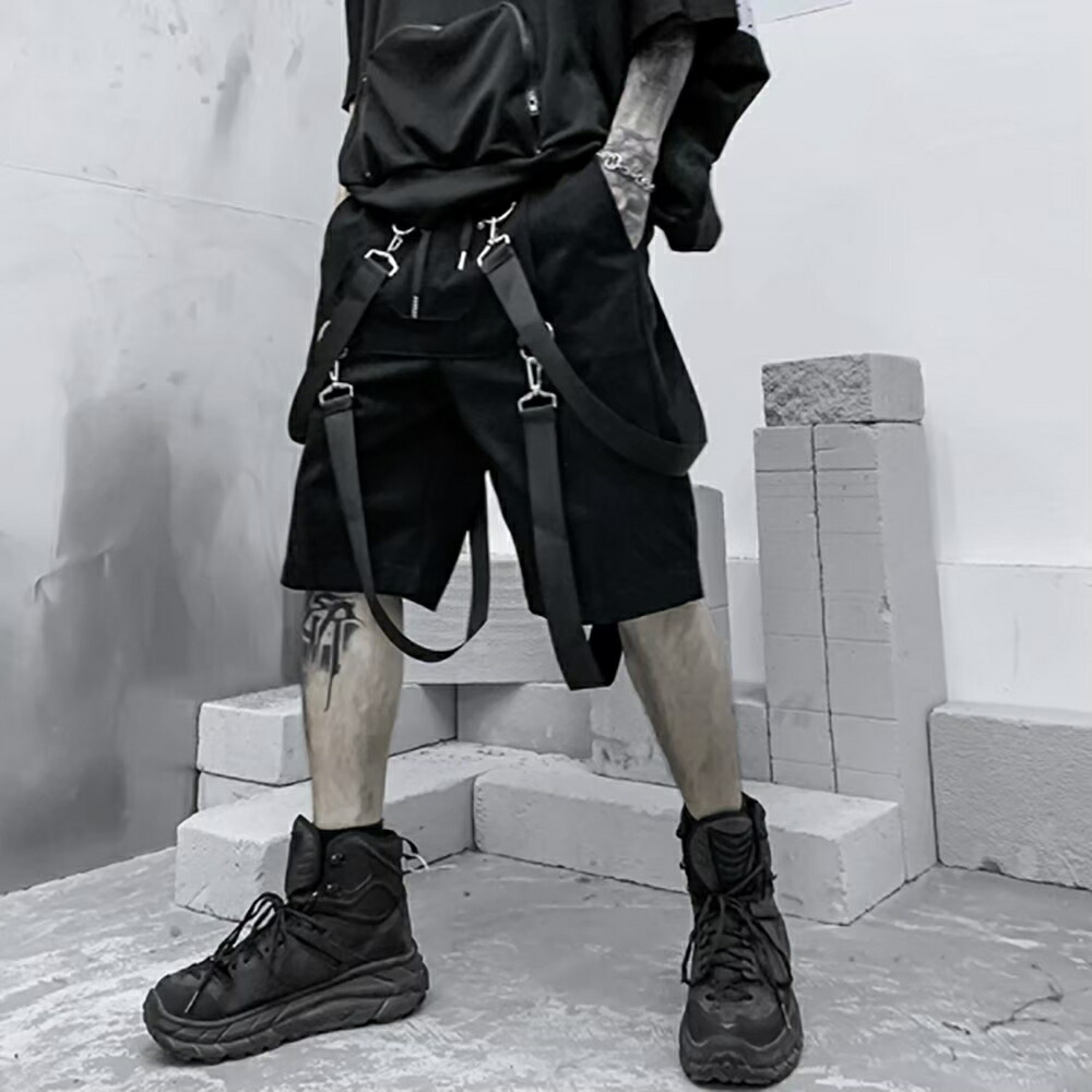メンズ 黒 ファッション 黒カーゴハーフパンツ ベルト付き膝丈ボトムス