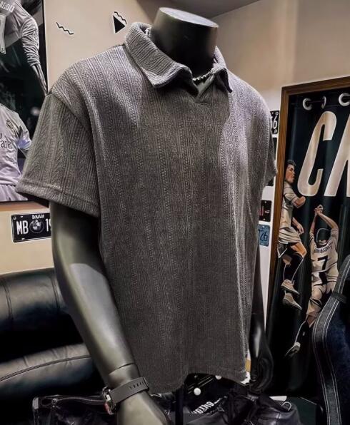 メンズ 黒 ファッション メンズ黒ニットポロシャツ半袖カジュアルトップス