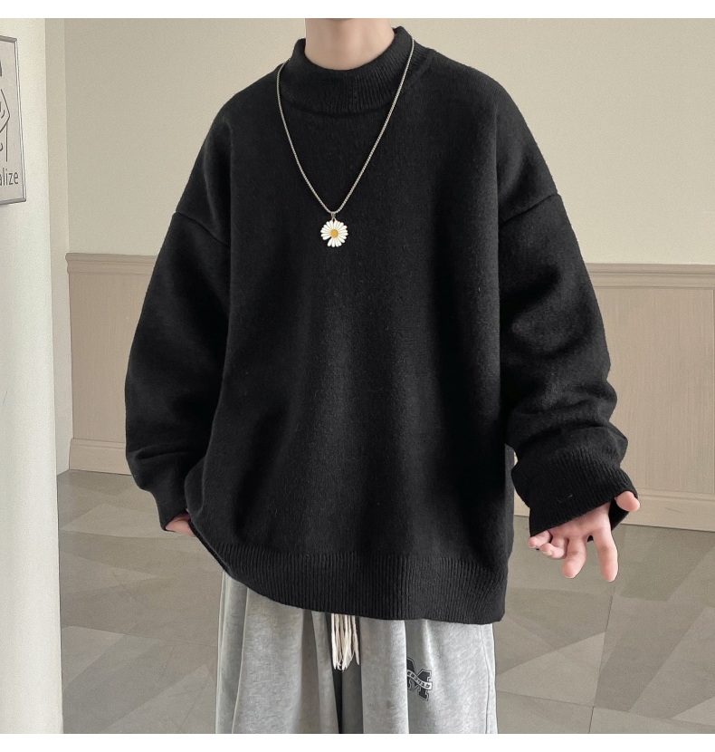 メンズ 黒 ファッション ハイネック ゆったりニットシャツ