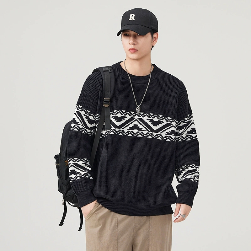 メンズ 黒 ファッション メンズ長袖ニットセーター幾何学柄黒トップス秋冬