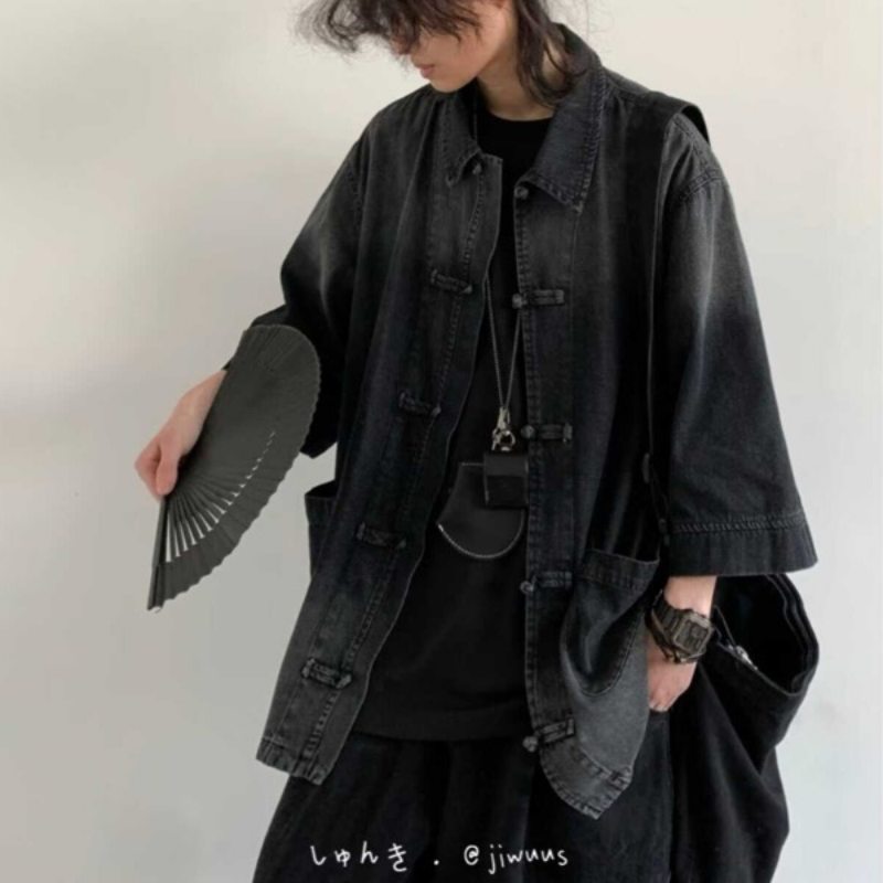 メンズ 黒 ファッション メンズ黒デニムジャケット中華風ボタン