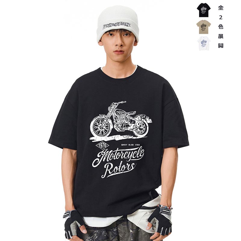 メンズ 黒 ファッション メンズ バイク プリント半袖Tシャツ ストリート カジュアル 丸首 全3色