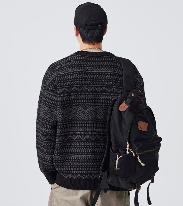 メンズ 黒 ファッション メンズ長袖ニットセーター 幾何学柄 黒グレー 秋冬新作