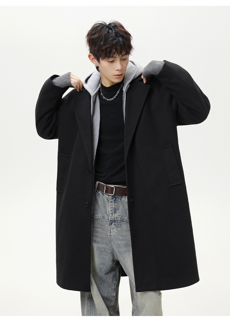 メンズ 黒 ファッション メンズ 秋冬 厚手ウールコート ロング丈 ゆったり黒コート