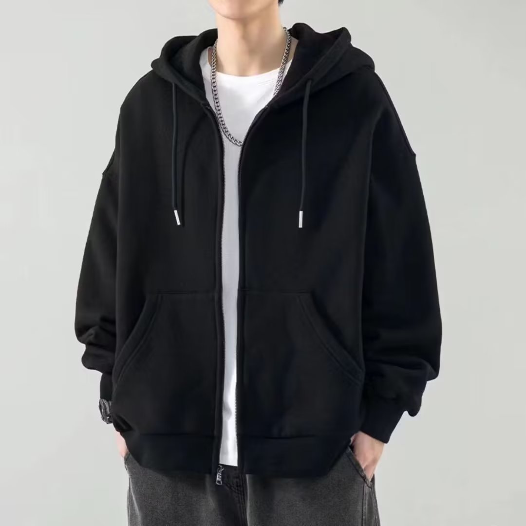 メンズ 黒 ファッション シンプル立体フードジップパーカー