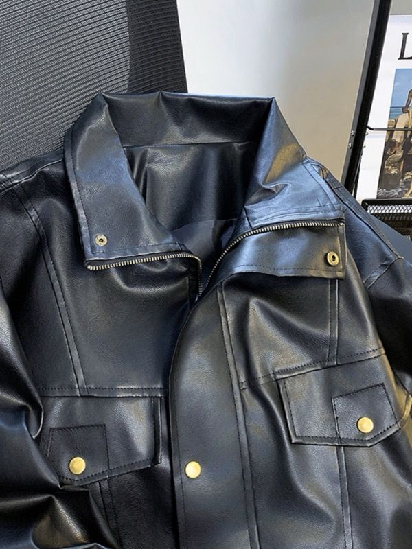 メンズ 黒 ファッション メンズ黒合成皮革ジャケット金具ボタン付き