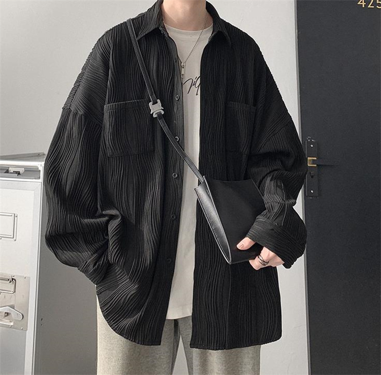 メンズ 黒 ファッション メンズ黒コーデュロイ風ゆったり長袖シャツ