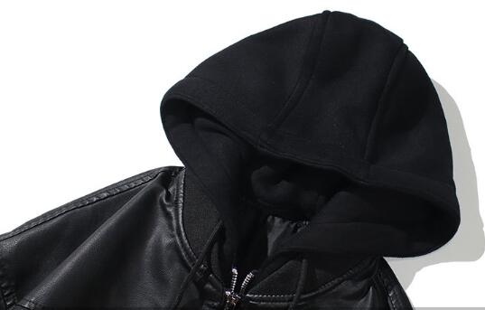 メンズ 黒 ファッション メンズ黒合成皮革フード付きジャケット