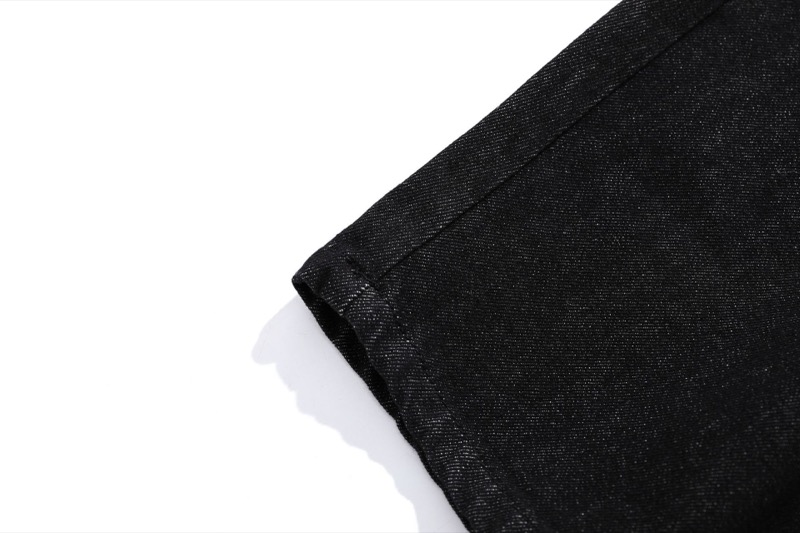 メンズ 黒 ファッション メンズ黒デニム刺繍入りワイドパンツ