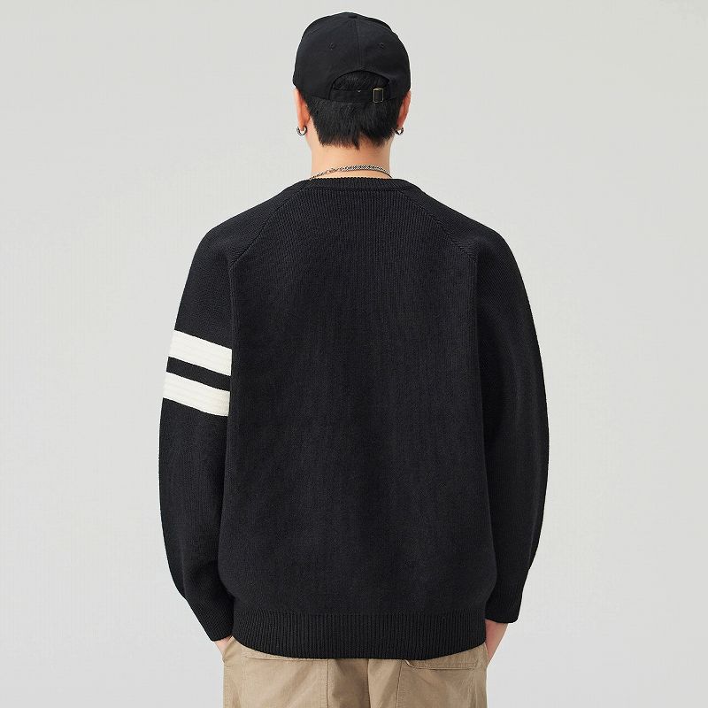メンズ 黒 ファッション メンズ黒ニットセーター 袖ライン長袖トップス 秋冬新作