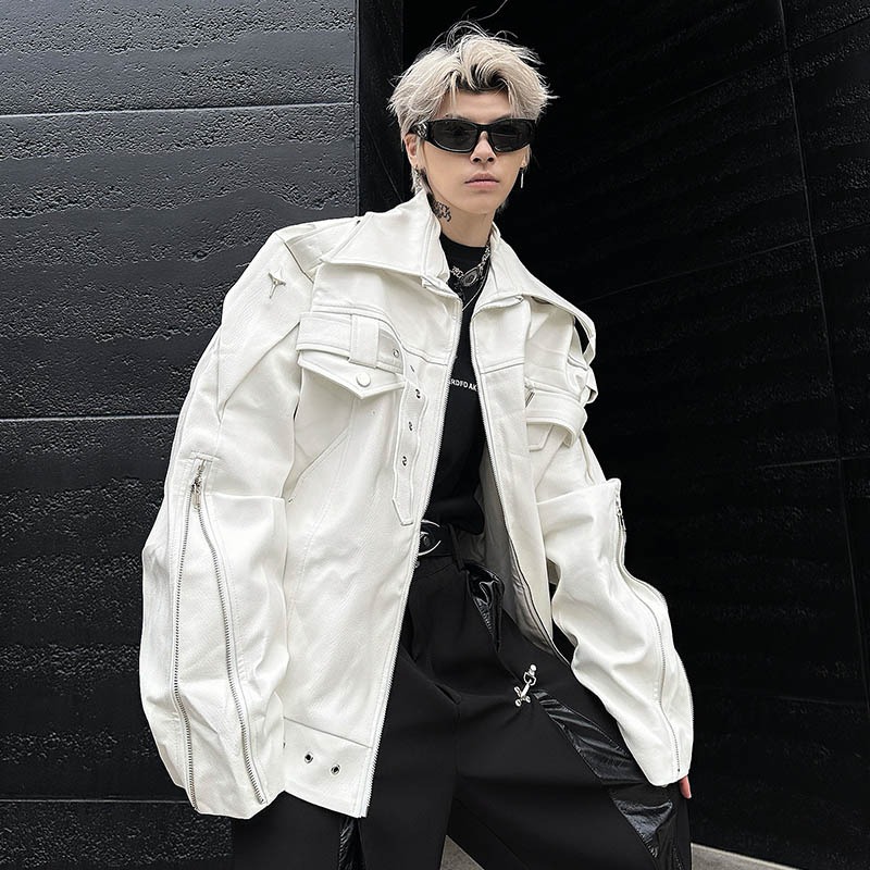 メンズ 黒 ファッション メンズ黒合皮ライダースジャケット星スタッズ付き