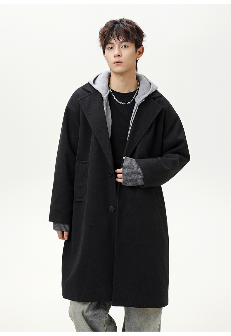 メンズ 黒 ファッション メンズ 秋冬 厚手ウールコート ロング丈 ゆったり黒コート