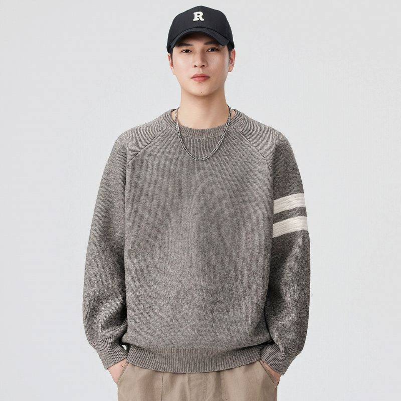 メンズ 黒 ファッション メンズ黒ニットセーター 袖ライン長袖トップス 秋冬新作