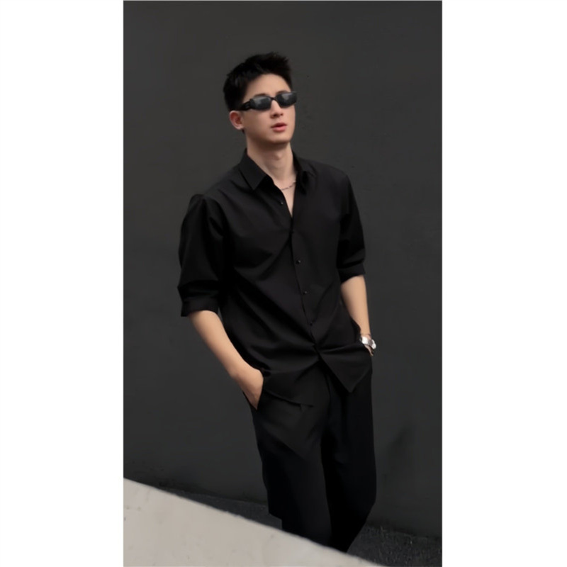 メンズ 黒 ファッション シンプル洗練オーバーシャツ