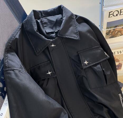 メンズ 黒 ファッション 秋冬メンズ黒ライダースジャケット星型装飾付き