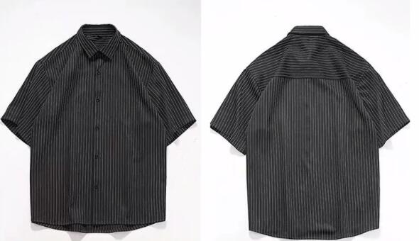 メンズ 黒 ファッション メンズ黒縦縞半袖シャツ