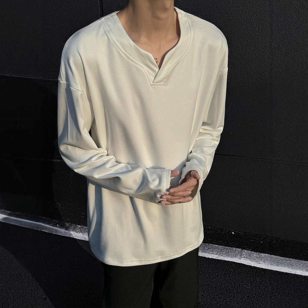 メンズ 黒 ファッション メンズブイネック長袖トップス暖かフリース素材