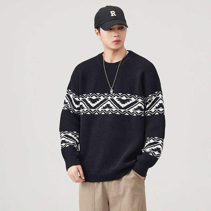 メンズ 黒 ファッション メンズ長袖ニットセーター幾何学柄黒トップス秋冬