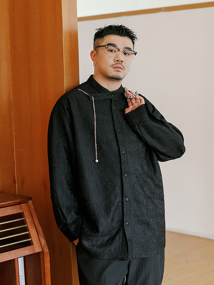 メンズ 黒 ファッション 和風柄織り チェーン付きシャツ