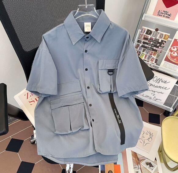 メンズ 黒 ファッション メンズ黒半袖カーゴシャツ多機能ポケット付き