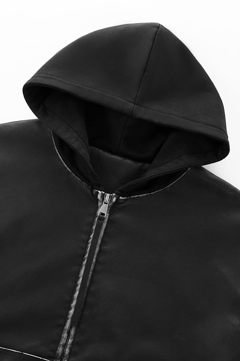 メンズ 黒 ファッション メンズ 黒 合皮ジャケット フード付き秋冬アウター
