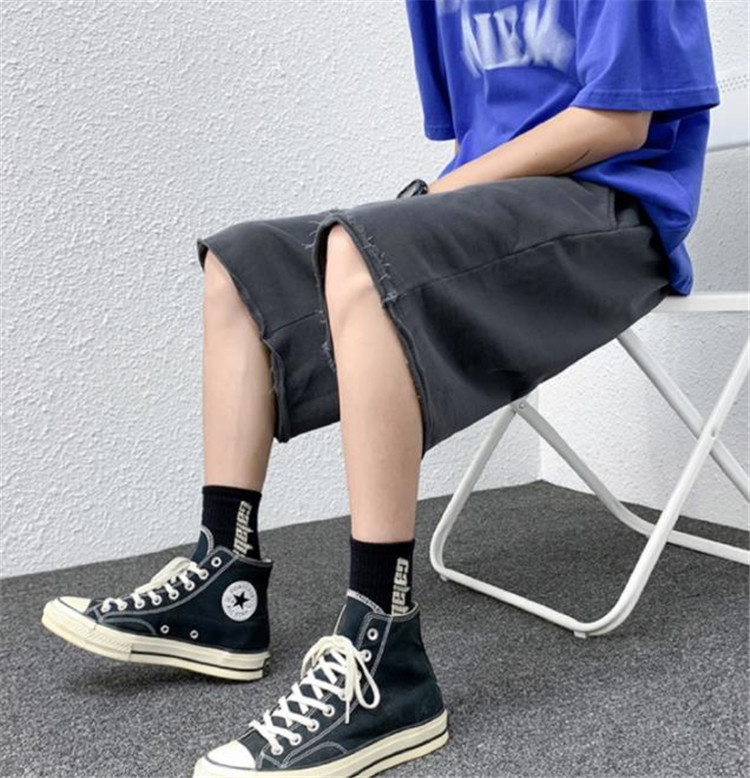 メンズ 黒 ファッション 夏用黒デニムハーフパンツ メンズゆったりワイド五分丈