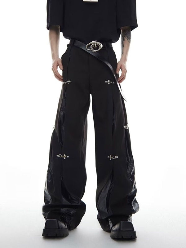 メンズ 黒 ファッション メンズ 黒 合成革切替 ワイドパンツ ストリート系