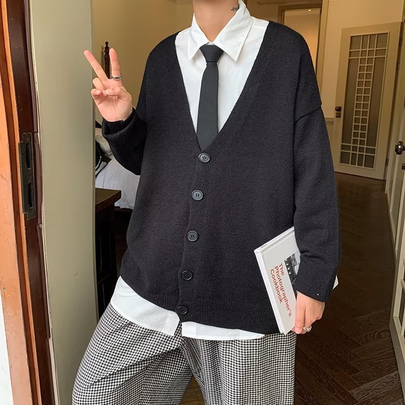 メンズ 黒 ファッション ゆったりシルエット学院風カーディガン