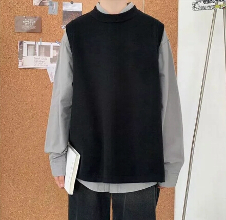 メンズ 黒 ファッション メンズ黒ニットベストおしゃれ重ね着トップス