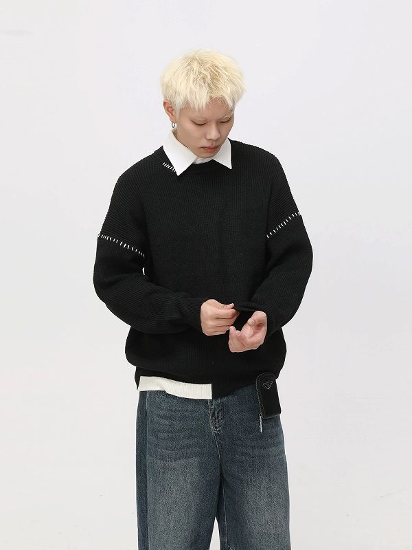 メンズ 黒 ファッション 男女兼用黒長袖ニットセーター秋冬ストリート系トップス