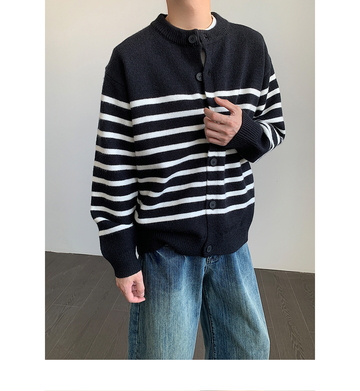 メンズ 黒 ファッション 黒×白ボーダー ニットカーディガン メンズ 秋冬