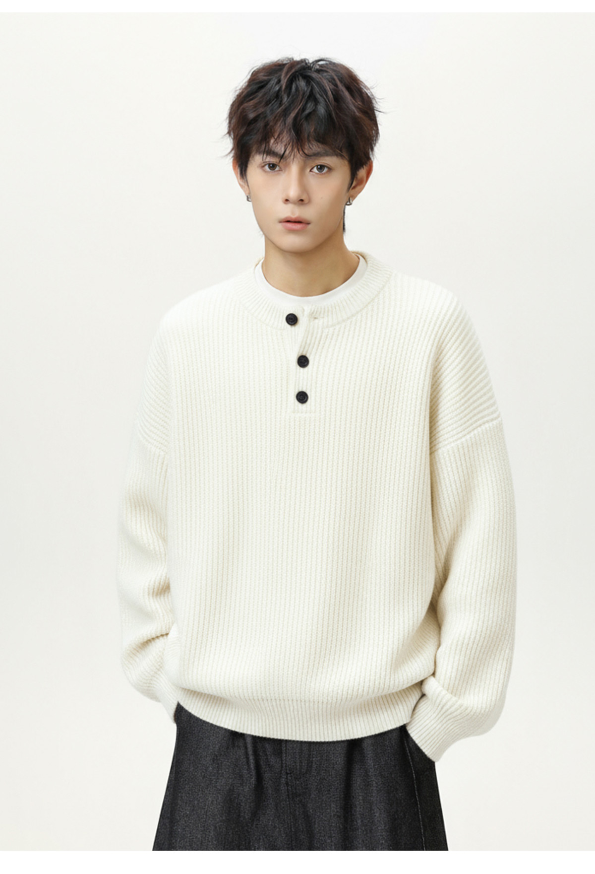 メンズ 黒 ファッション メンズ秋冬厚手ヘンリーネックニットセーター