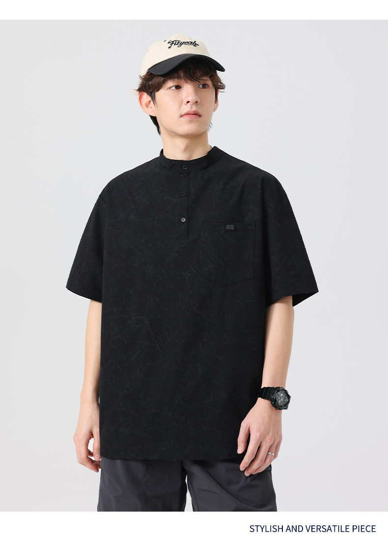 メンズ 黒 ファッション メンズ ヘンリーネック半袖シャツ 黒 カジュアル 通気性抜群 全三色