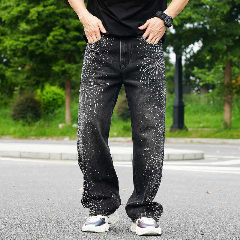 メンズ 黒 ファッション メンズ 黒 ラインストーン デニム パンツ 街系 ボトムス