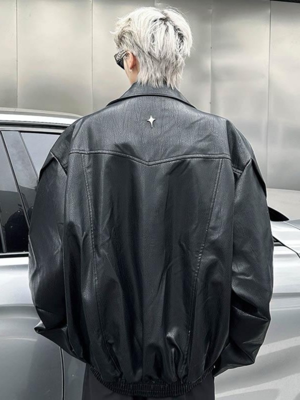 メンズ 黒 ファッション メンズ黒合皮ライダースジャケット星スタッズ付き