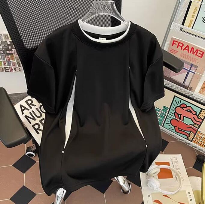メンズ 黒 ファッション 黒スウェット半袖重ね着風メンズトップス