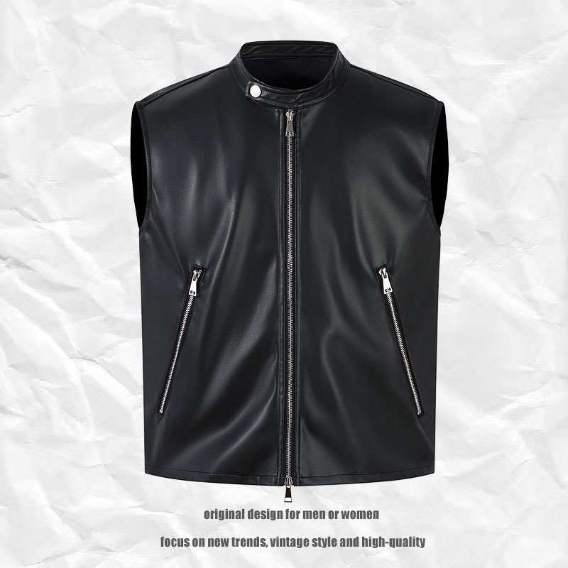 メンズ 黒 ファッション メンズ黒レザーベスト無地袖なしジップアップ