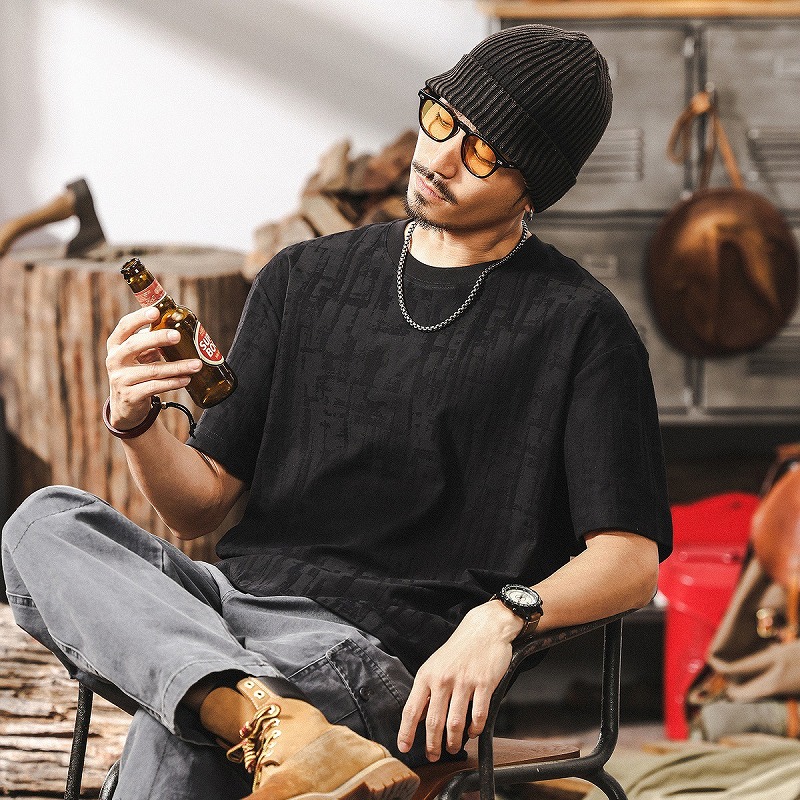 メンズ 黒 ファッション メンズ ヴィンテージ風ジャカード織半袖シャツ 黒 高級感カジュアル